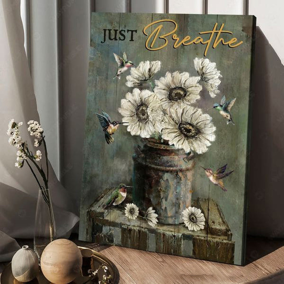 Hummingbird Poster, Just Breathe, Flower Poster Decor Poster and Canvas