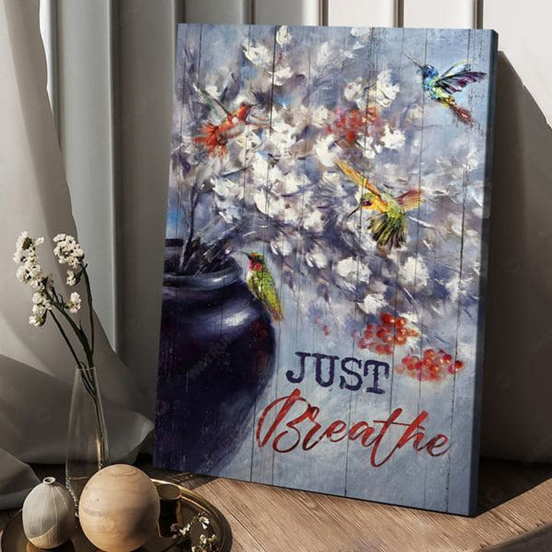 Hummingbird Poster, Just Breathe, Poster Decor Poster and Canvas
