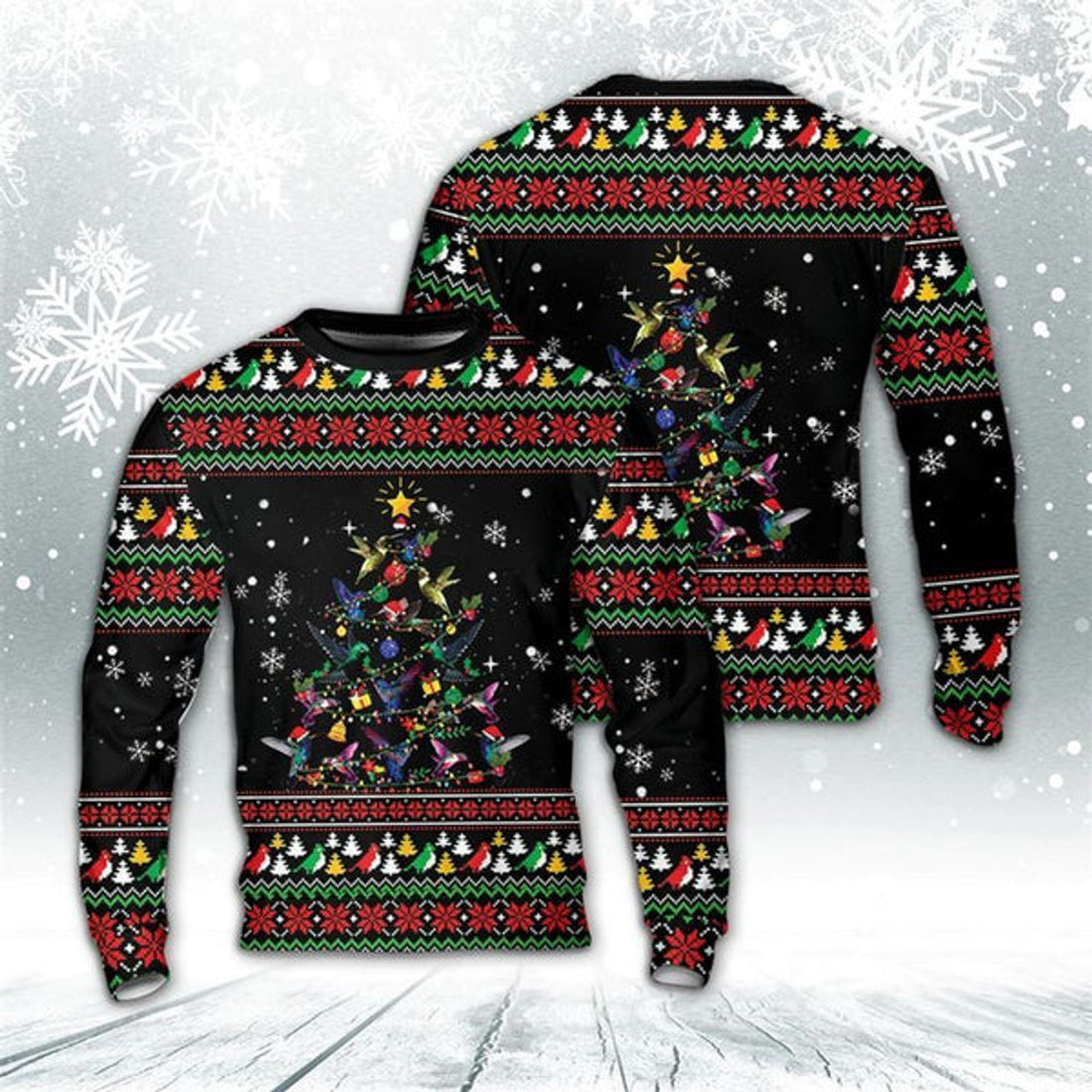 FUNSTUFFPRINT Hummingbird Christmas Tree AOP Ugly Christmas Sweater For Men And Women, Best Gift For Christmas, The Beautiful Winter Christmas Outfit Ugly Sweater