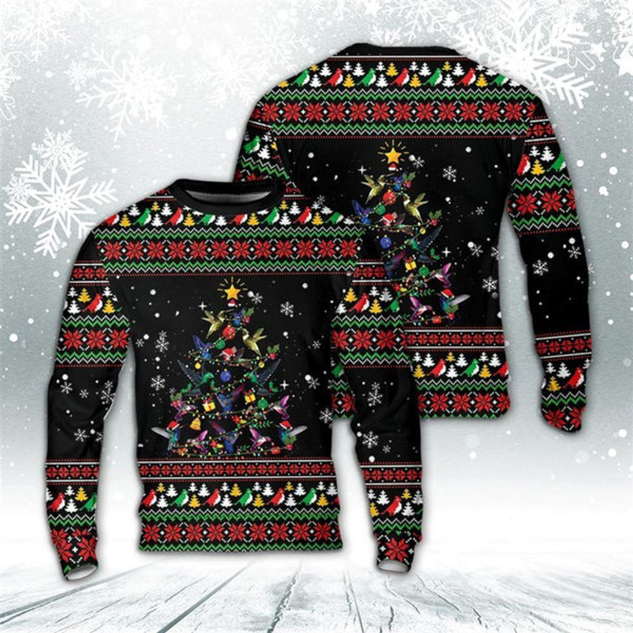 FUNSTUFFPRINT Hummingbird Christmas Tree AOP Ugly Christmas Sweater For Men And Women, Best Gift For Christmas, The Beautiful Winter Christmas Outfit Ugly Sweater