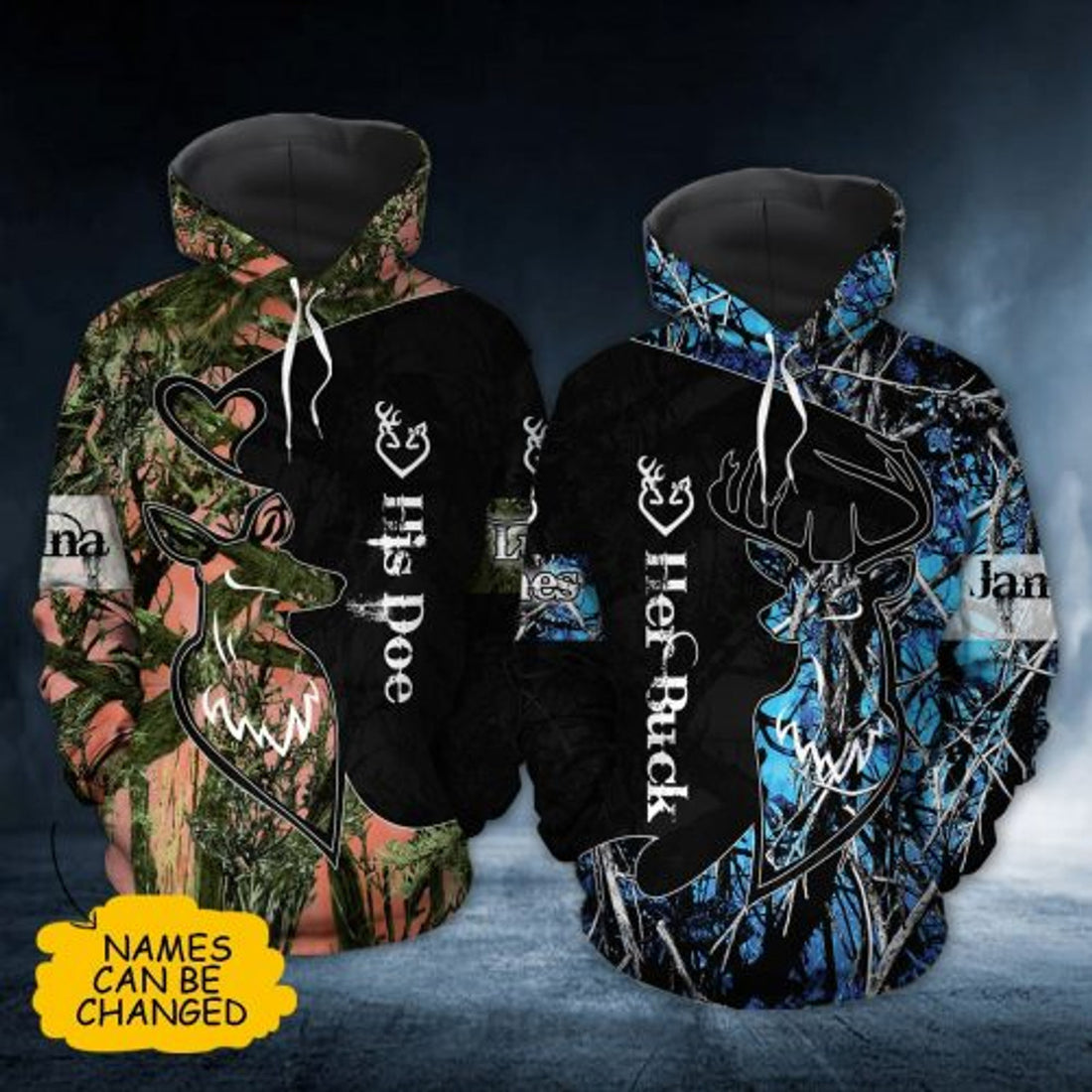 FUNSTUFFPRINT Personalized Deer Couple 3D All Over Hoodie Her Buck His Doe 3D Hoodie and Zip Hoodie