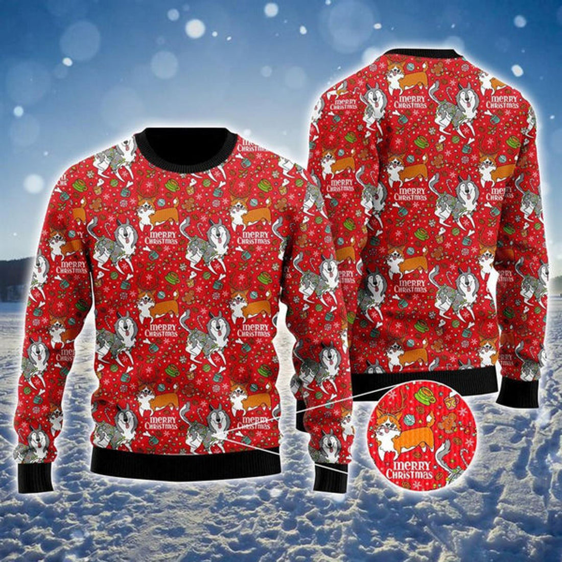 FUNSTUFFPRINT Husky Corgi Merry Christmas Ugly Christmas Sweater For Men And Women, Gift For Christmas, Best Winter Christmas Outfit Ugly Sweater