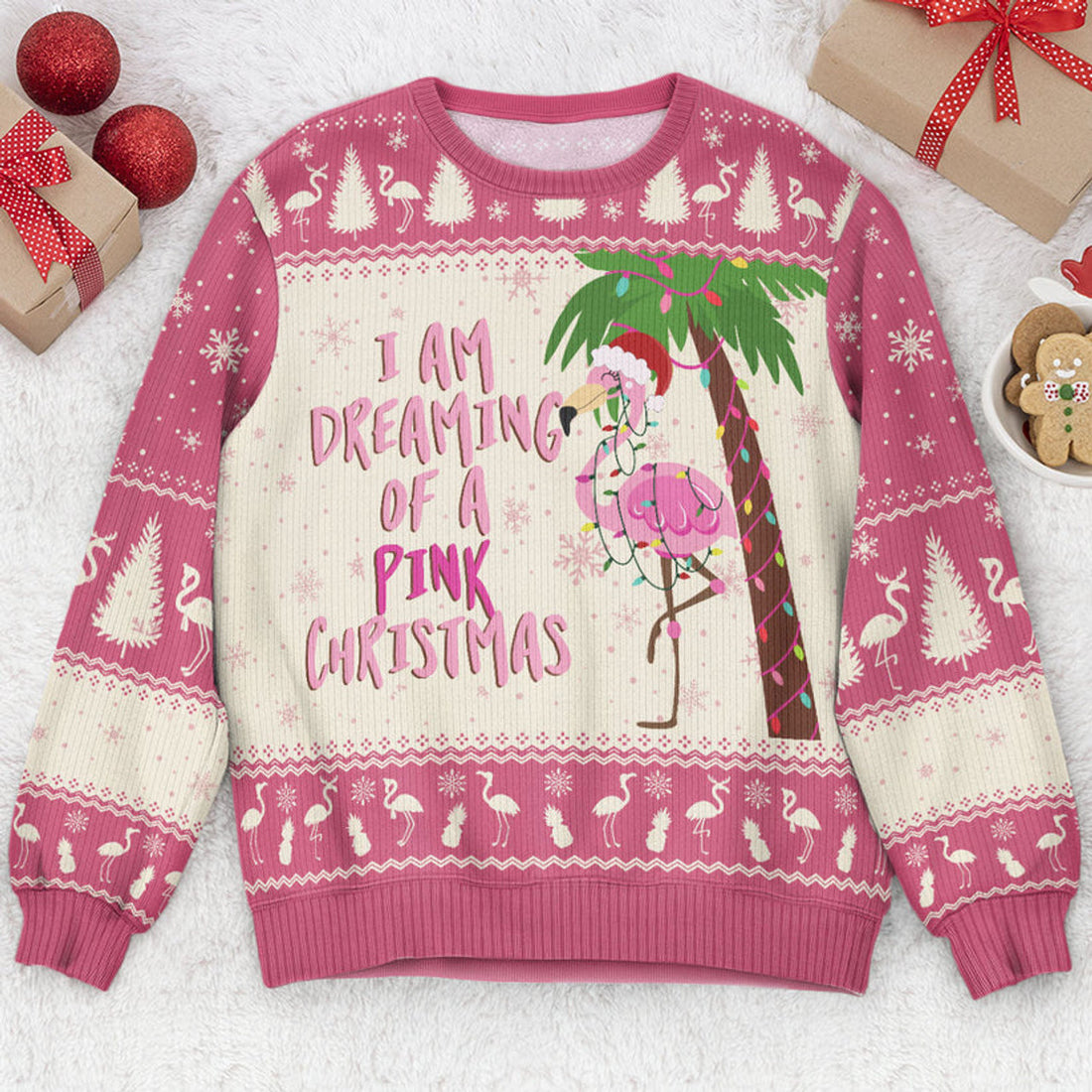 FUNSTUFFPRINT Custom I Am Dreaming Of A Pink Christmas Flamingo - Ugly Sweater Ugly Sweater
