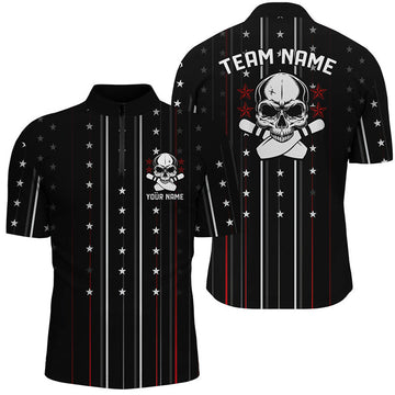 Custom Skull Star Bowling Quarter Zip Shirts For Men, Bowling Pin Custom Team's Name Bowler Jerseys