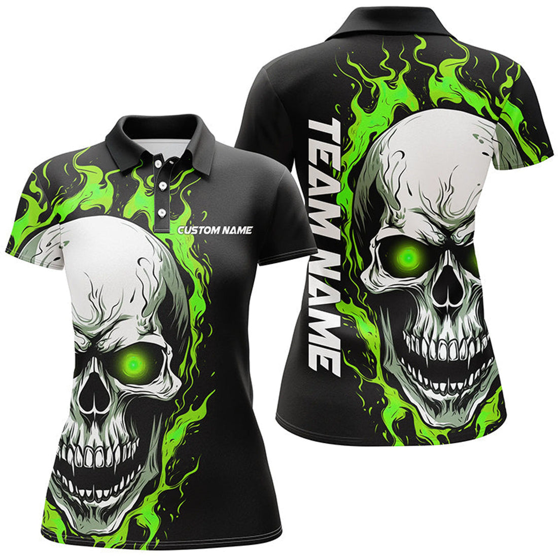 Custom Green Flame Skull Sport Jerseys, Custom Team Bowling Polo Shirts For Women, Bowler Outfits