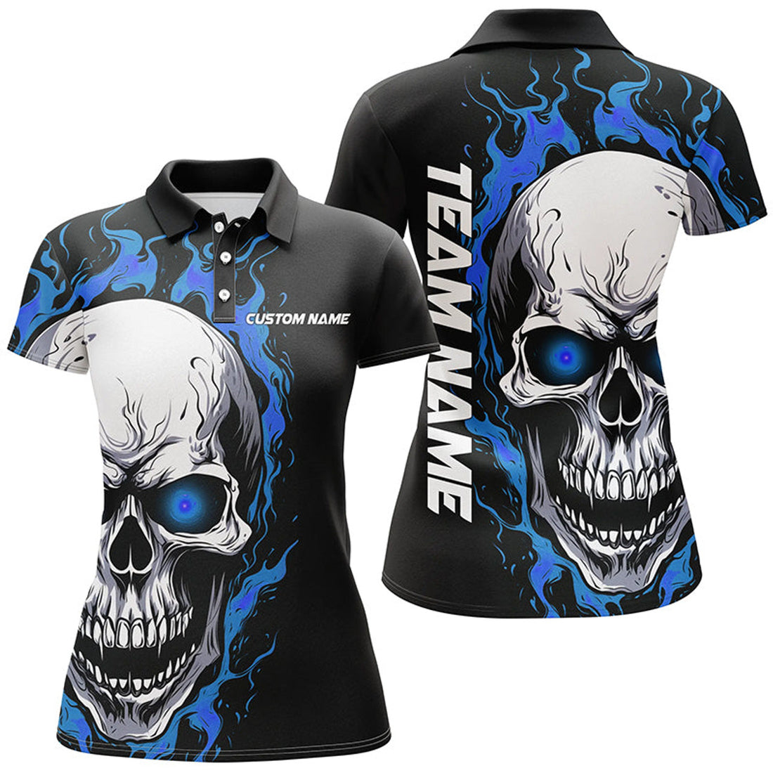 Custom Blue Flame Skull Sport Jerseys, Custom Team Bowling Polo Shirts For Women, Bowler Outfits