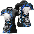 Custom Blue Flame Skull Sport Jerseys, Custom Team Bowling Polo Shirts For Women, Bowler Outfits