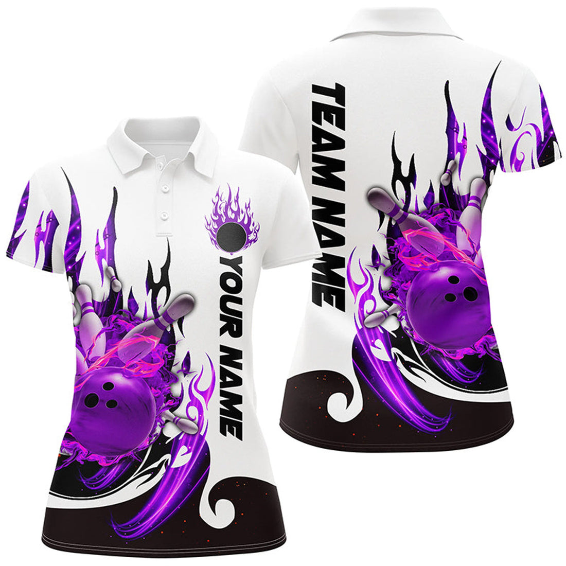 Custom Purple Flame Bowling Shirts For Women, Galaxy Bowling Team Shirts Bowling Uniform