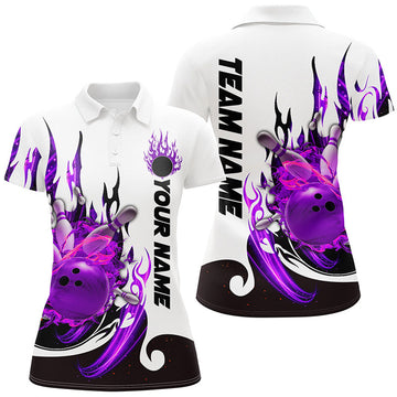 Custom Purple Flame Bowling Shirts For Women, Galaxy Bowling Team Shirts Bowling Uniform