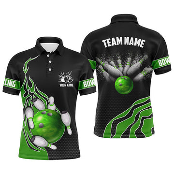 Custom Green Flame Bowling Polo Shirts For Men Bowling Ball, Custom Bowling Team Jerseys Bowler Outfits