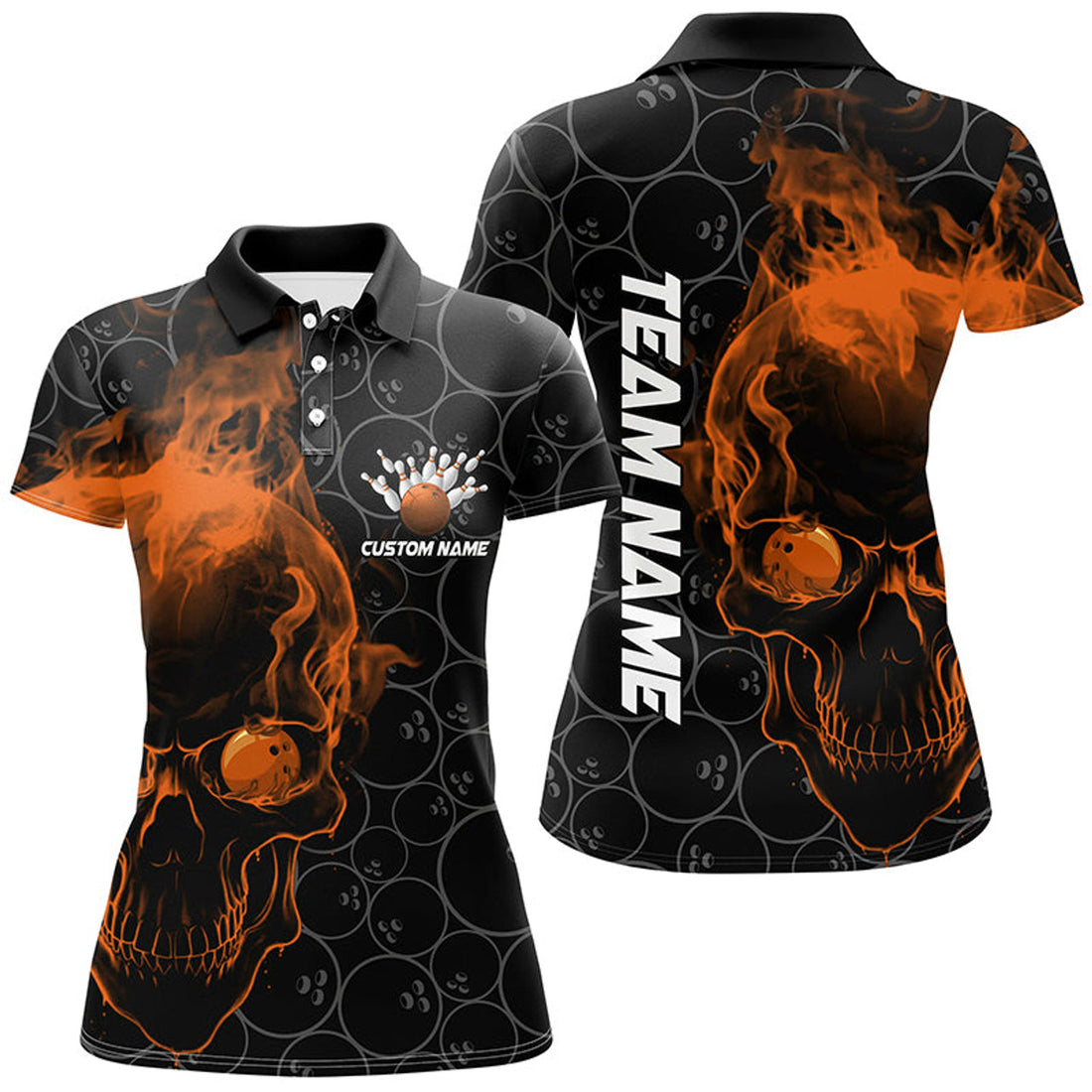 Custom Orange Skull Women Bowling Polo Shirts Team Bowling Jerseys Bowling League Outfits