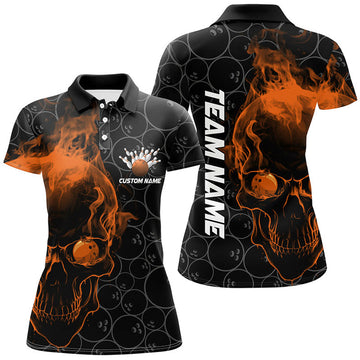Custom Orange Skull Women Bowling Polo Shirts Team Bowling Jerseys Bowling League Outfits