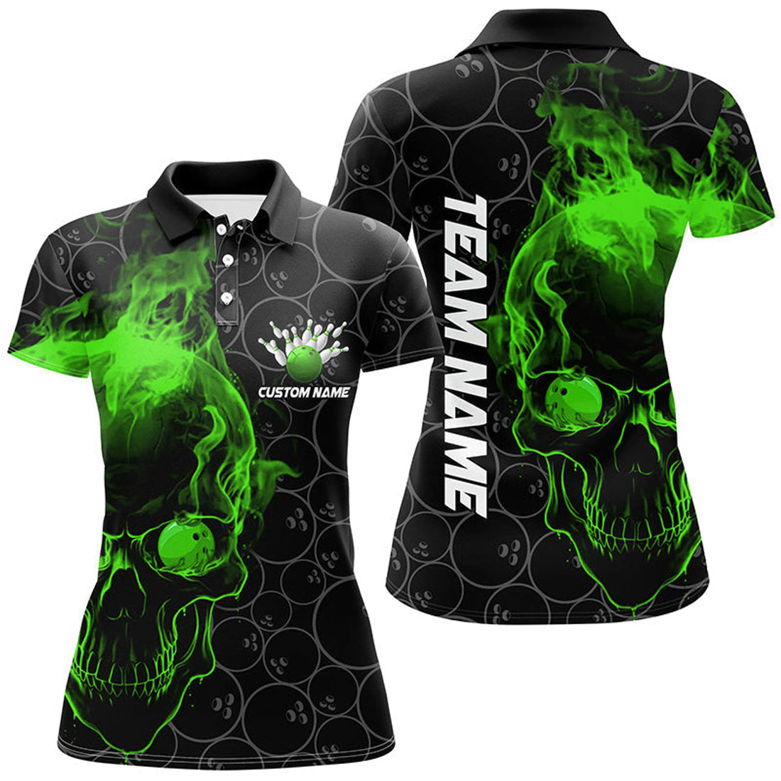 Custom Green Skull Women Bowling Polo Shirts Team Bowling Jerseys Bowling League Outfits