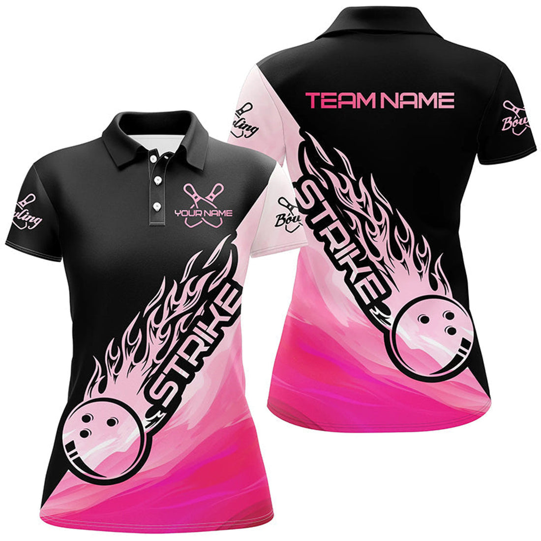 Custom Strike Bowling Pink Bowling Polo Shirts For Women, Custom Bowling Team Shirts Outfit