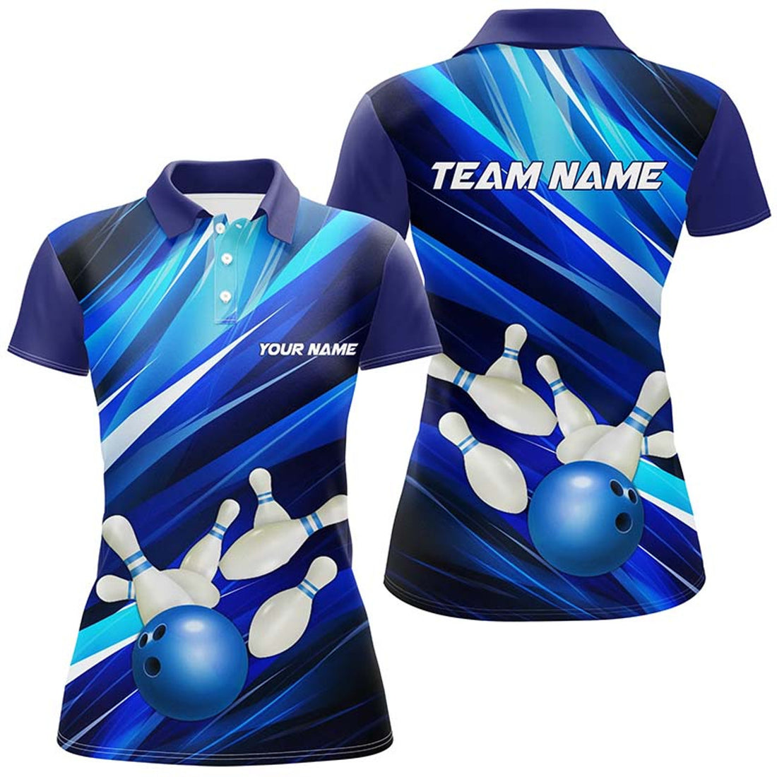 Custom Blue Bowling Polo Shirts For Women, Bowling Ball And Pins Custom Bowling Team Jerseys