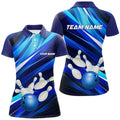 Custom Blue Bowling Polo Shirts For Women, Bowling Ball And Pins Custom Bowling Team Jerseys