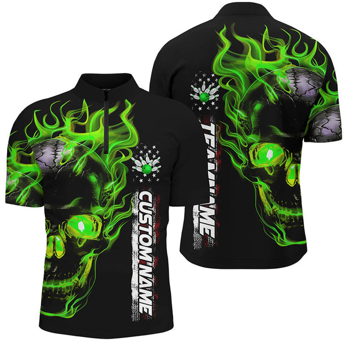 Custom Bowling And Pins Mutilcolor Flame Skull Customized Name, Team Name 3D Zipper Polo Shirt For Men