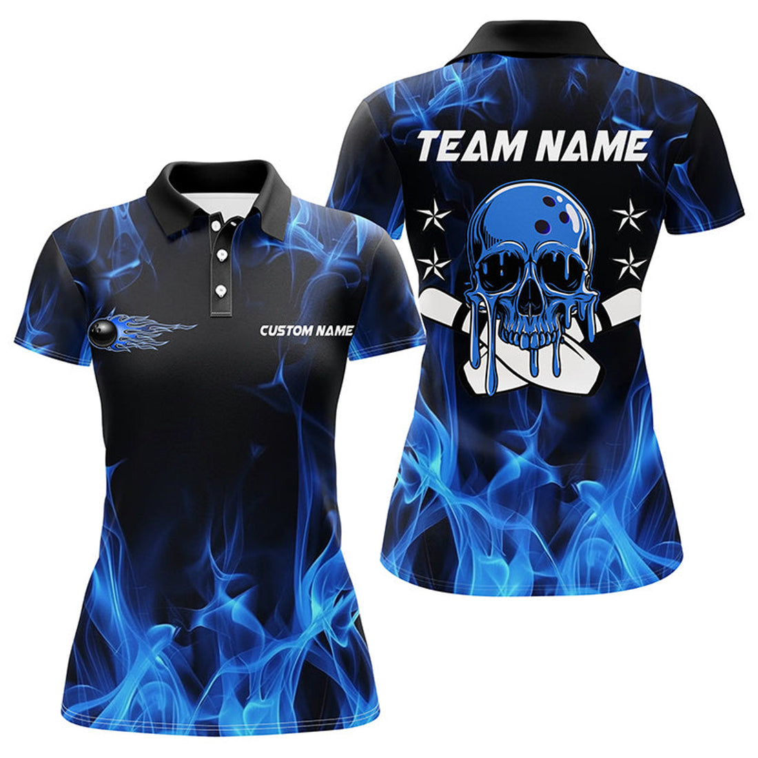 Custom Blue Flame Skull Bowling Team Shirts, Bowling Polo/ s For Women