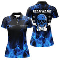 Custom Blue Flame Skull Bowling Team Shirts, Bowling Polo/ s For Women