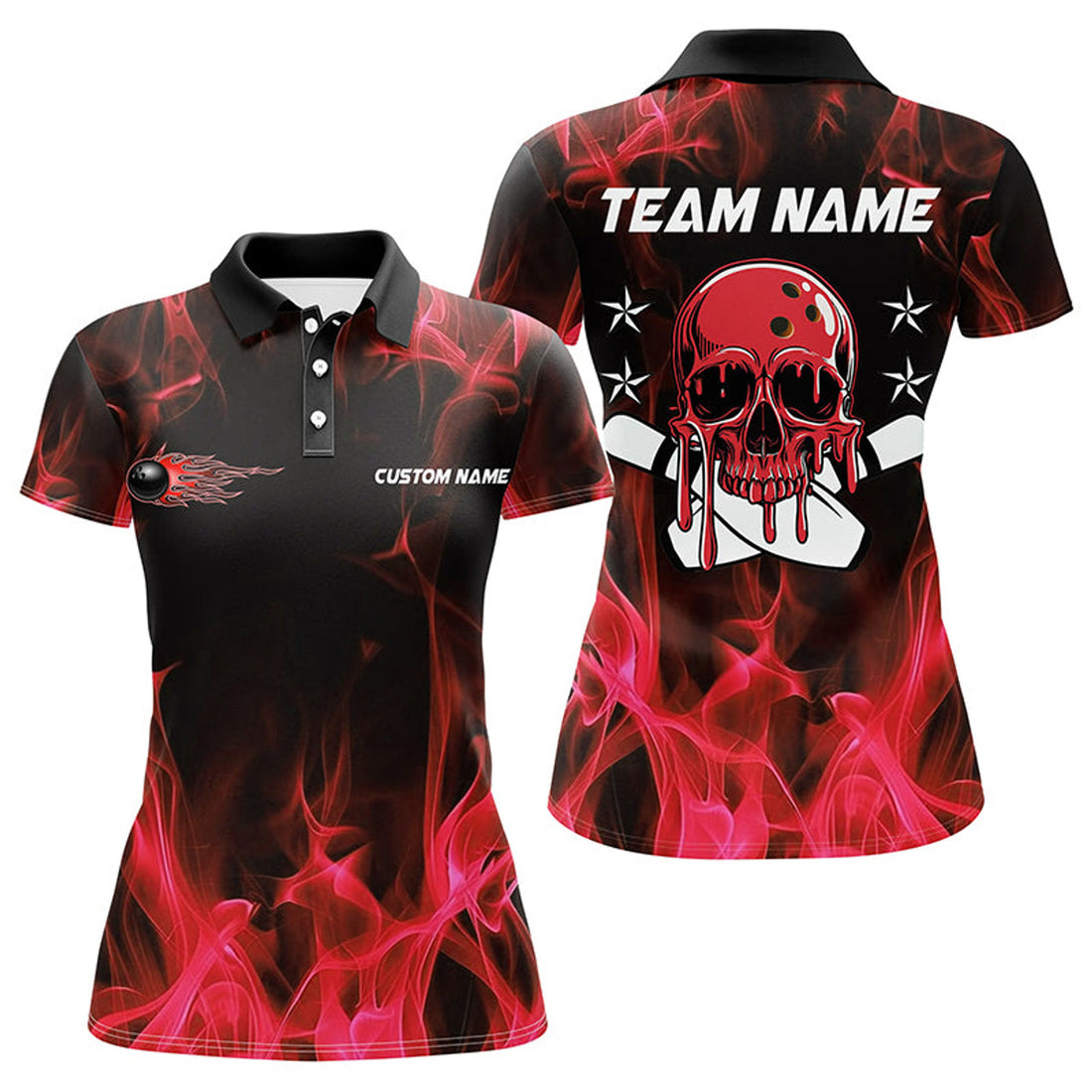 Custom Red Flame Skull Bowling Team Shirts, Bowling Polo/ s For Women