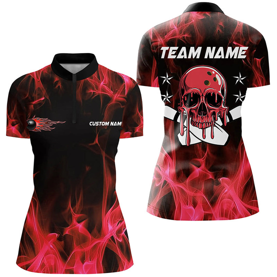 Custom Red Flame Skull Bowling Team Shirts, Bowling Polo/ s For Women