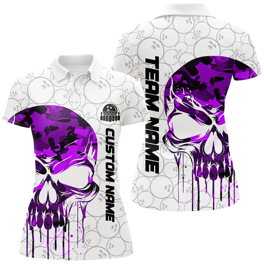Custom Purple Camo Skull Bowling Polo Shirts Women Team Bowling League Outfit
