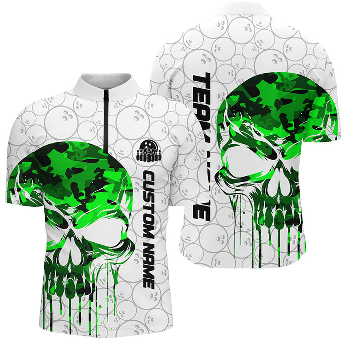 Custom Multi Color Camo Skull Bowling Quarter Zip Shirts Men Team Bowling Jerseys Bowling League Outfit