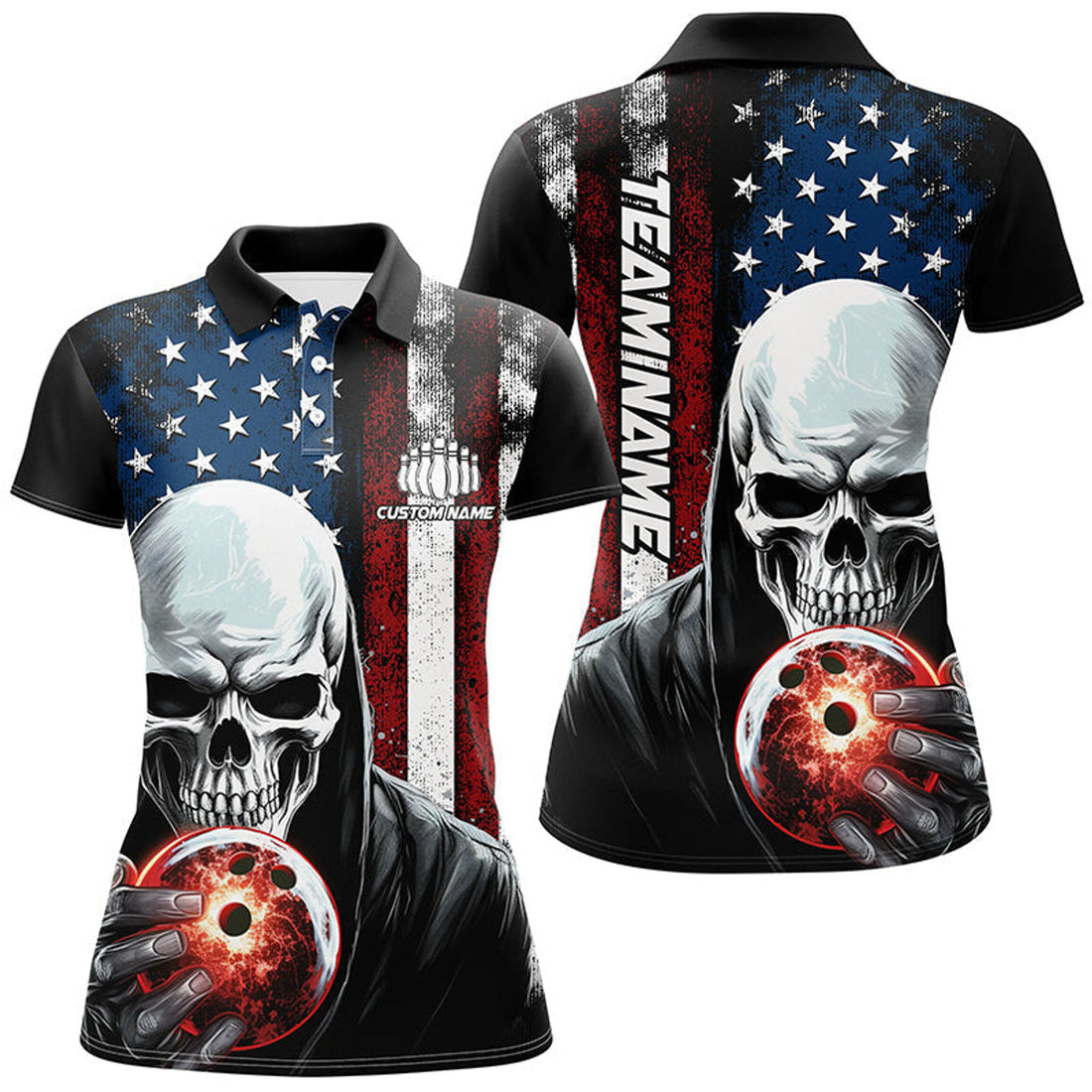 Custom Personalized Skull Women'S Bowling Team Jersey Bowling Shirt American Bowling Polo Shirt