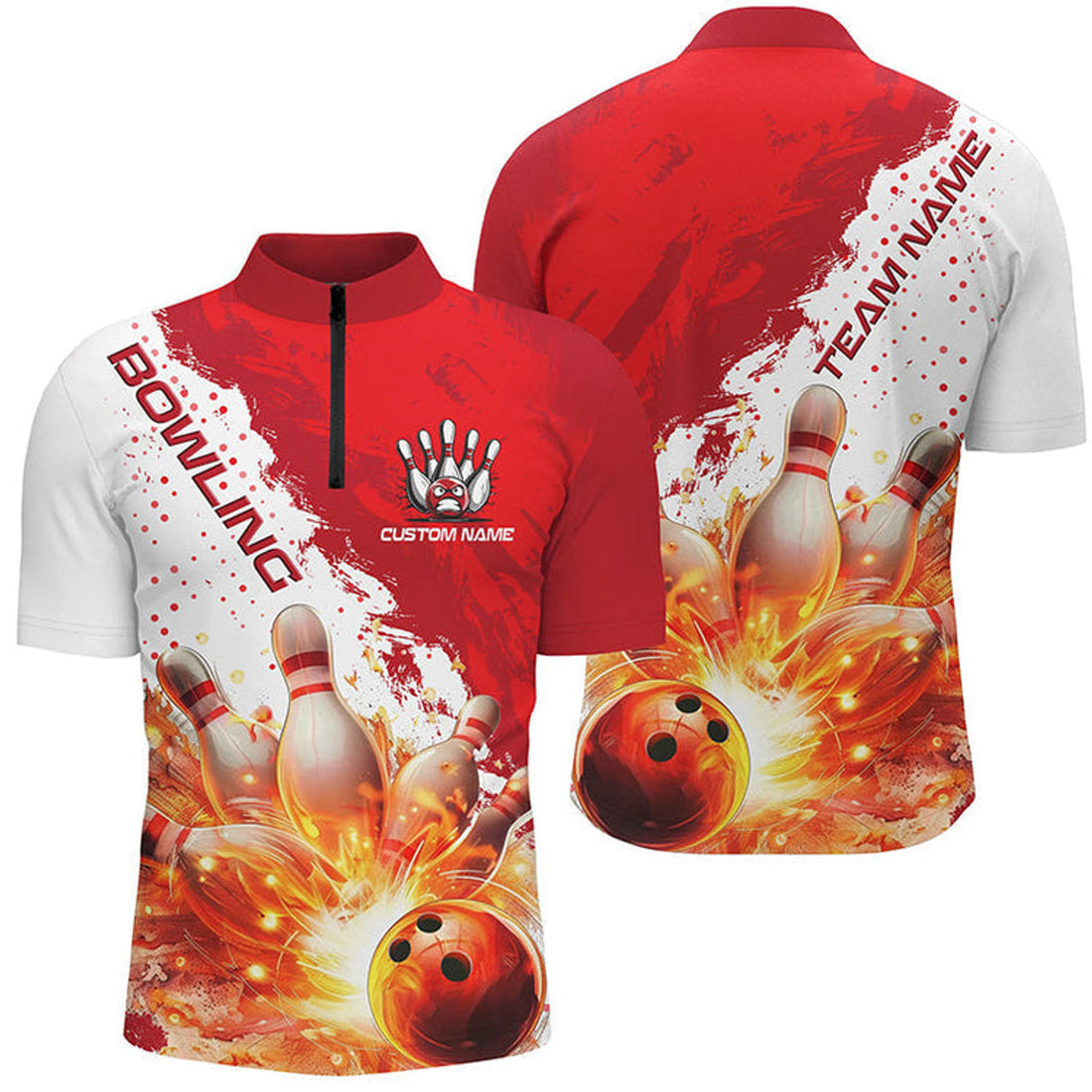 Custom Bowling And Pins Mutilcolor Flame Strike Customized Name, Team Name 3D Zipper Polo Shirt For Men