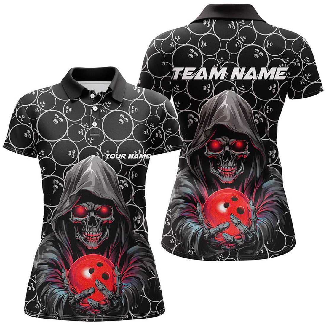 Custom Bowlers Outfits Skull Red Bowling Polo Shirts Women Bowling League Team Jerseys