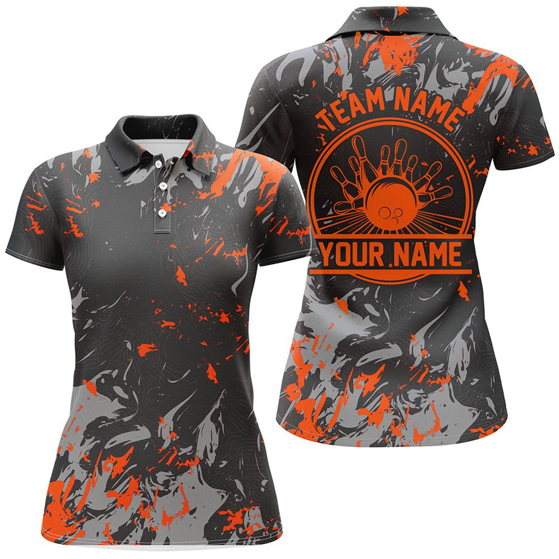 Custom Bowling Polo Shirts For Women, Bowling Balls And Pins Bowling Team Shirts | Orange