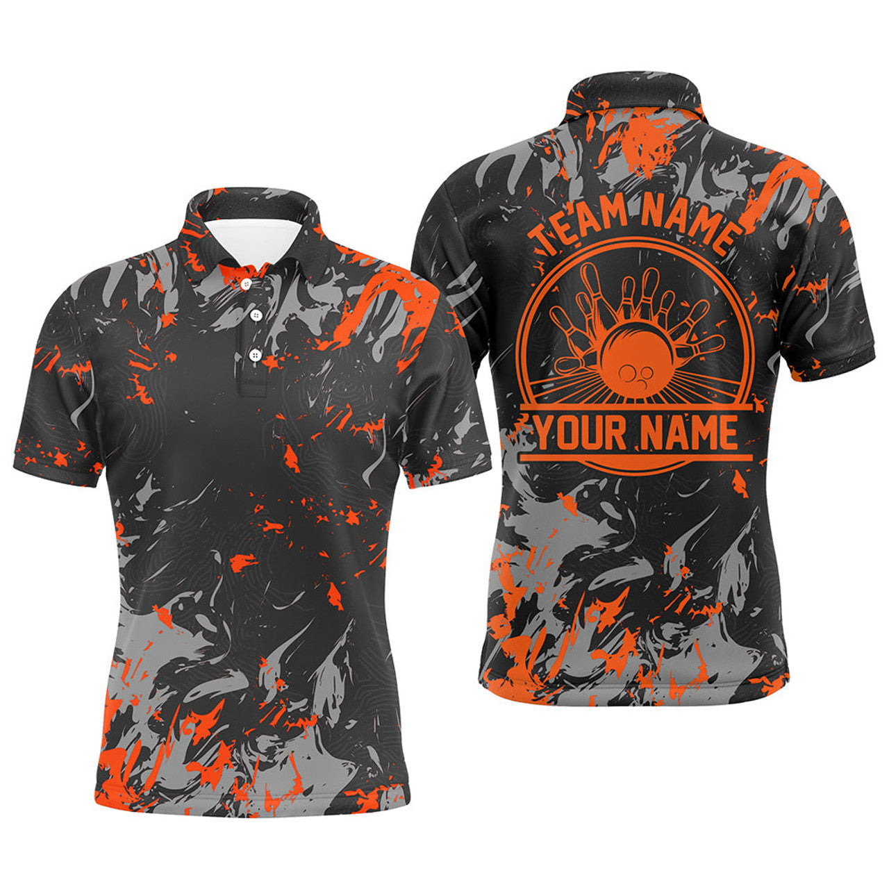 Personalized Bowling Polo Shirts For Men, Bowling Balls And Pins Bowling Team Shirts | Orange