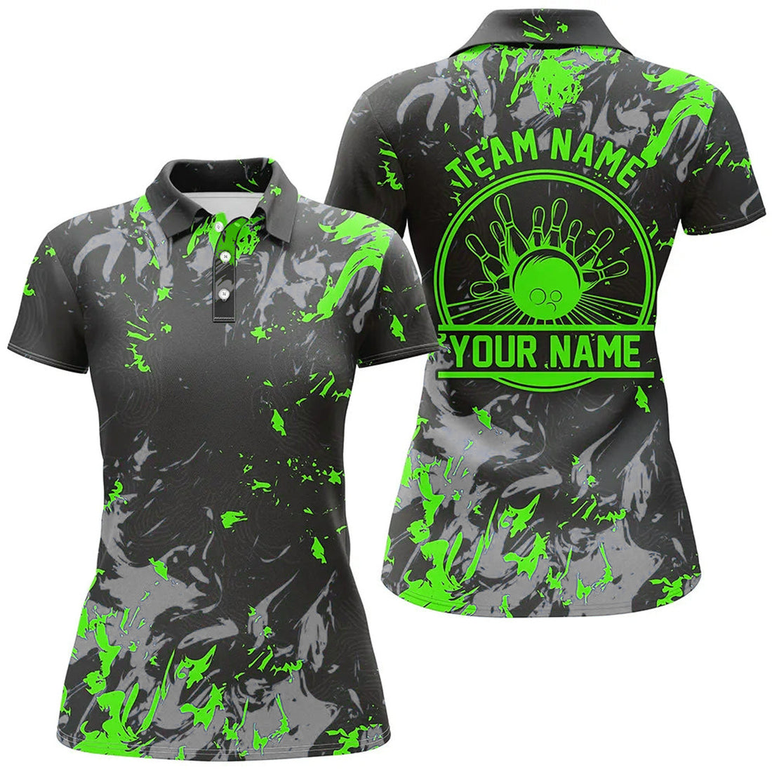 Custom Bowling Polo Shirts For Women, Bowling Balls And Pins Bowling Team Shirts | Green