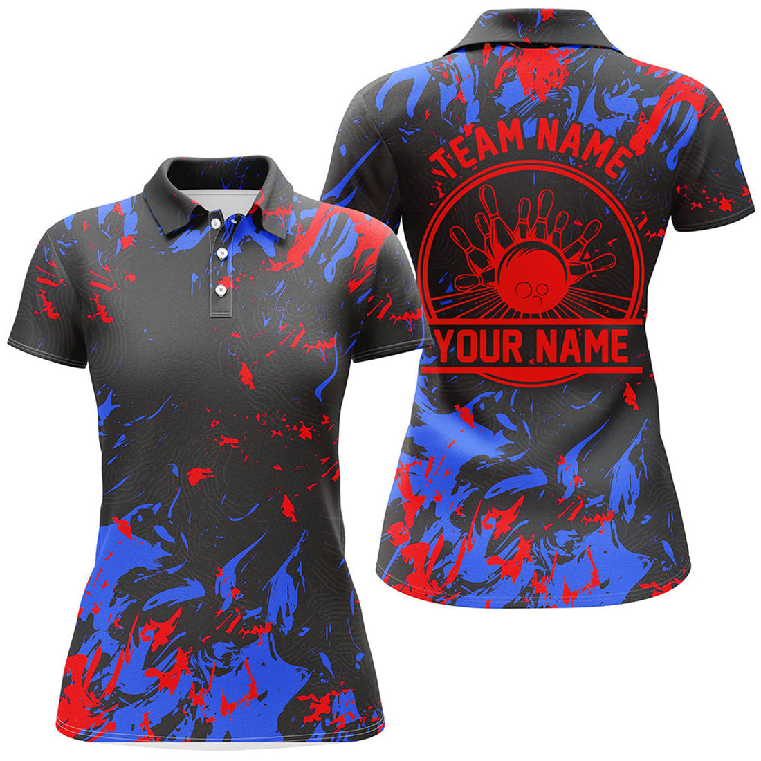 Custom Bowling Polo Shirts Women Bowling Balls And Pins Bowling Team Shirts | Blue And Red