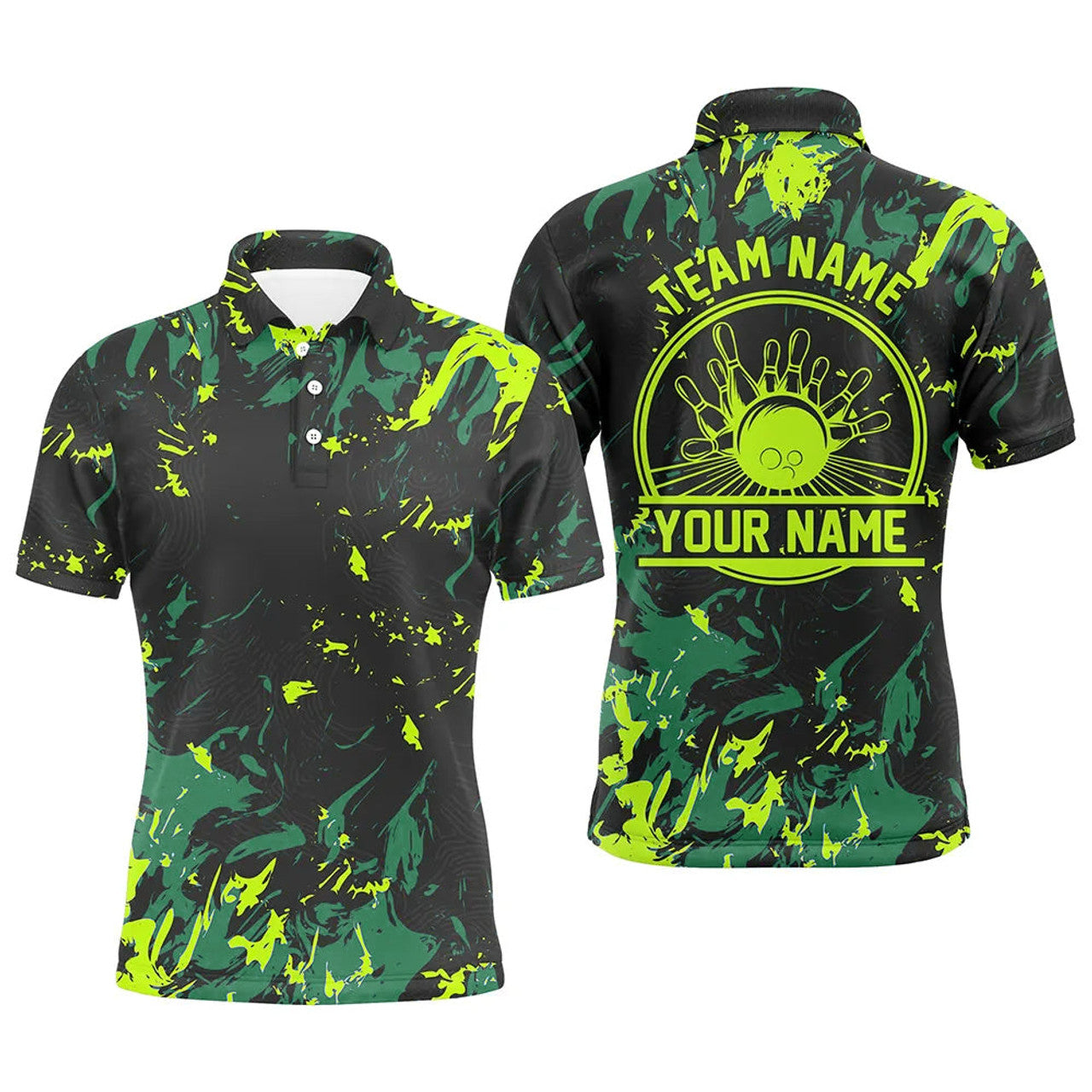 Personalized Bowling Polo Shirts For Men, Bowling Balls And Pins Bowling Team Shirts | Green