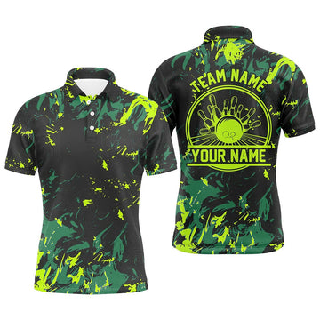 Personalized Bowling Polo Shirts For Men, Bowling Balls And Pins Bowling Team Shirts | Green