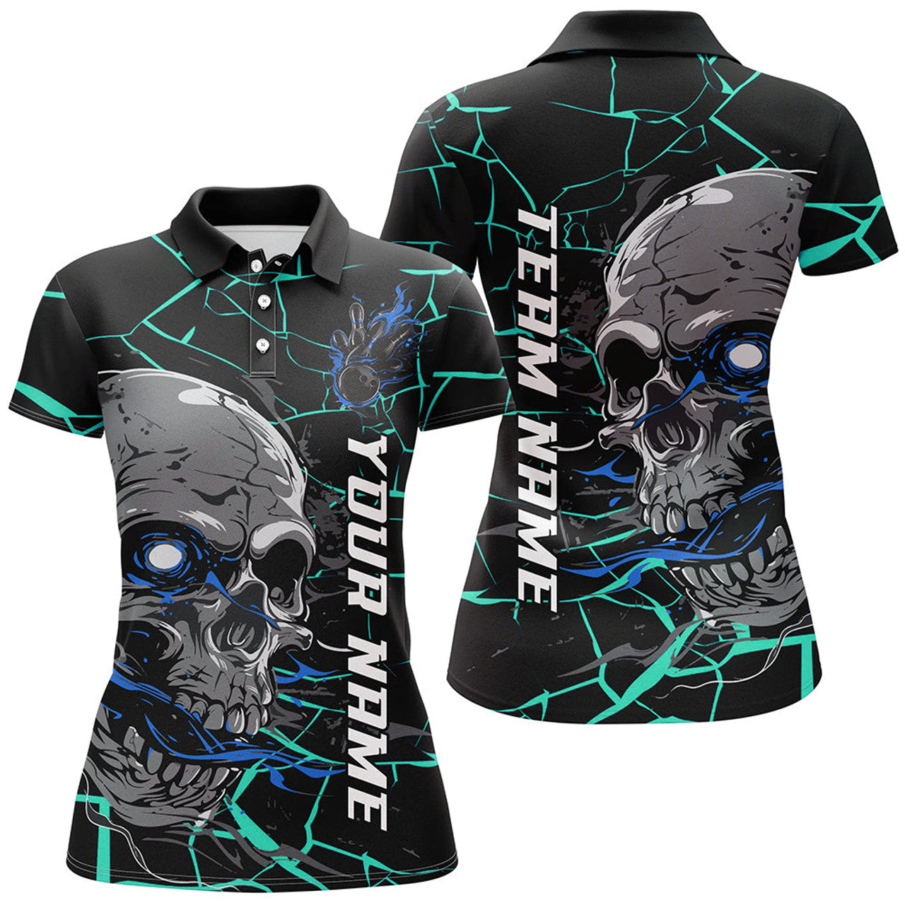 Custom Blue Halloween Skull Bowling Shirts For Women, Outfit Bowling For Team