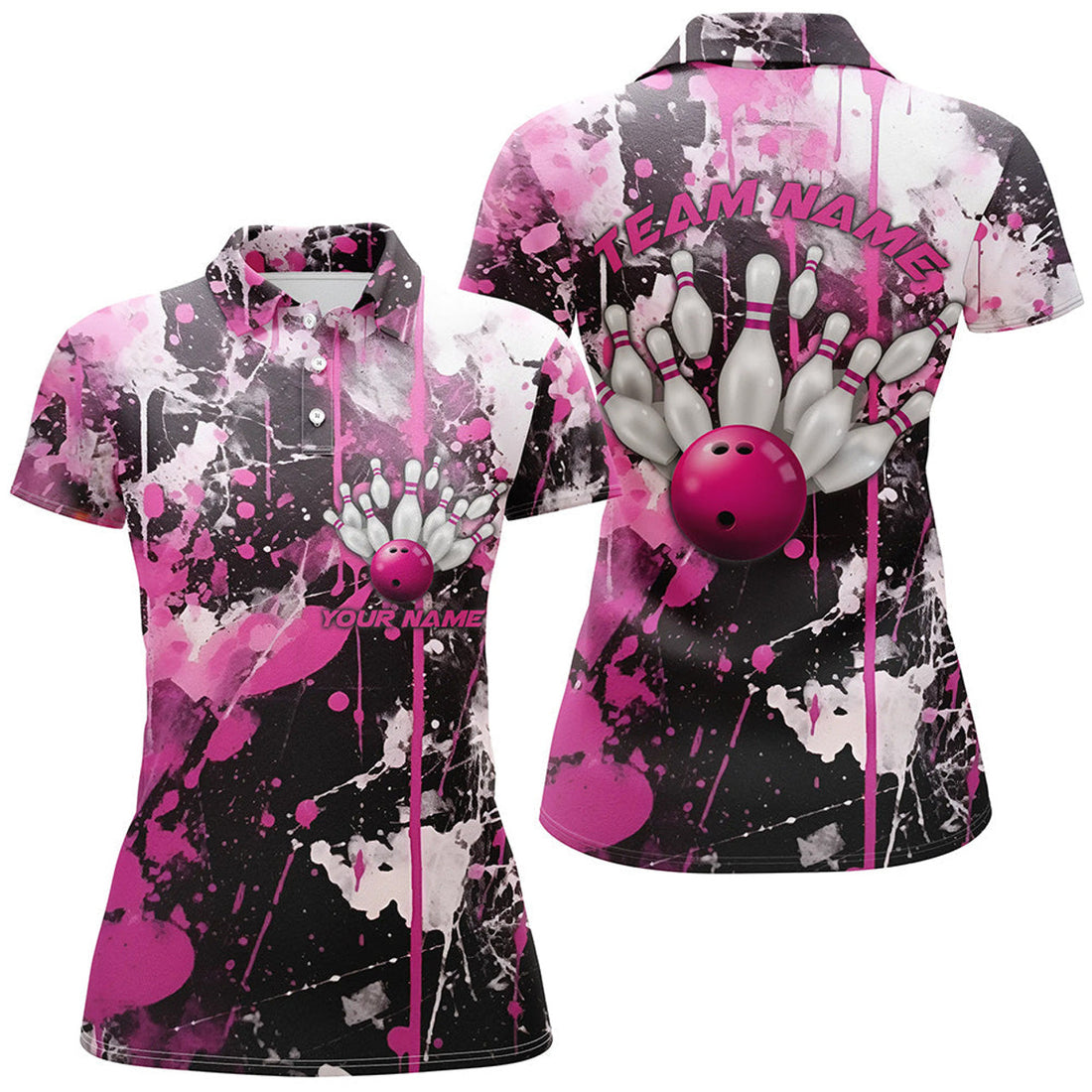 Custom Pink Camo Bowling Team Shirts Women Polo Personalized Bowling League Jerseys Strike Bowling