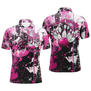 FUNSTUFFPRINT Pink Camo Bowling Team Shirts Men Polo Personalized Bowling League Polo Shirt Size S-5XL