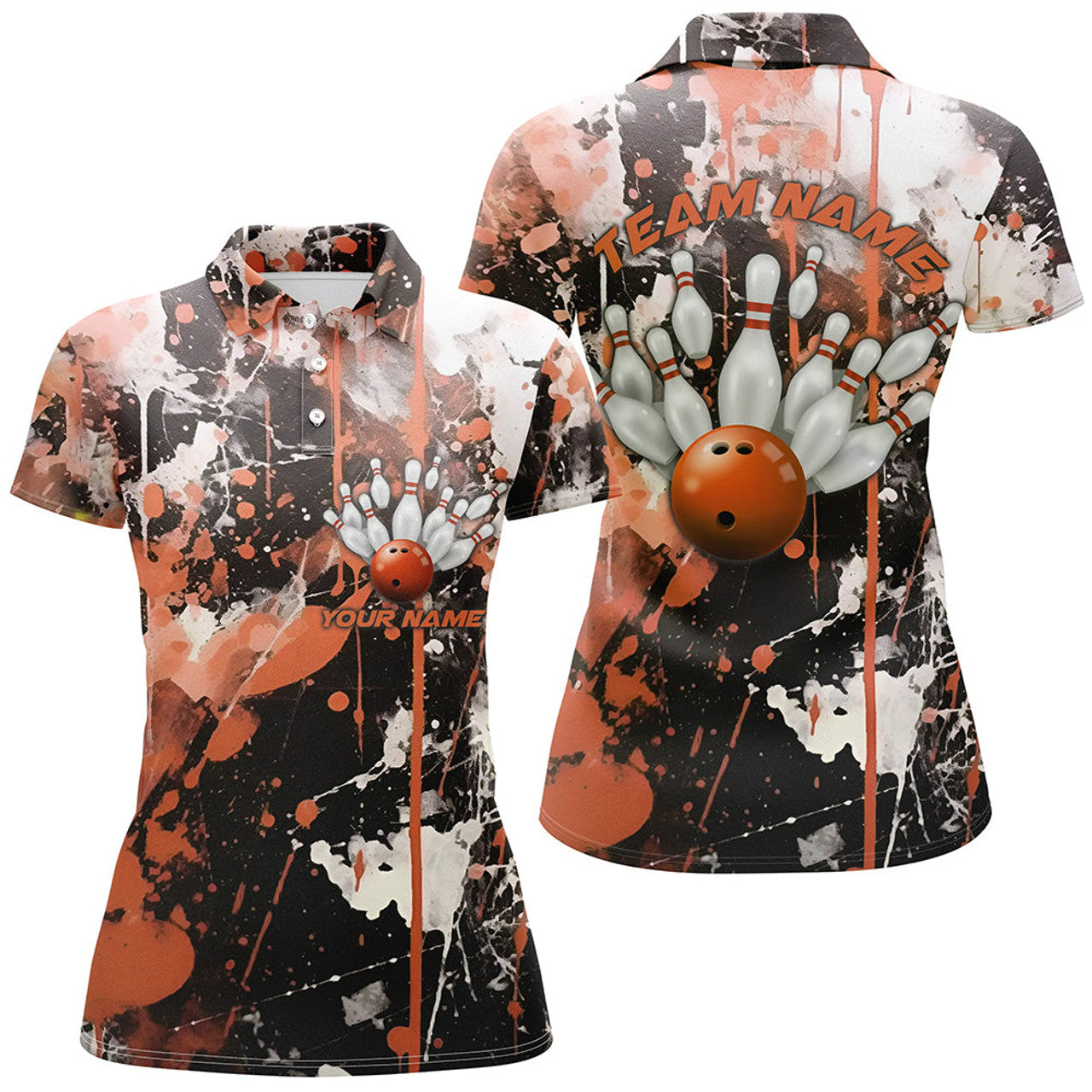 Custom Orange Camo Bowling Team Shirts Women Polo Custom Bowling League Jerseys Strike Bowling