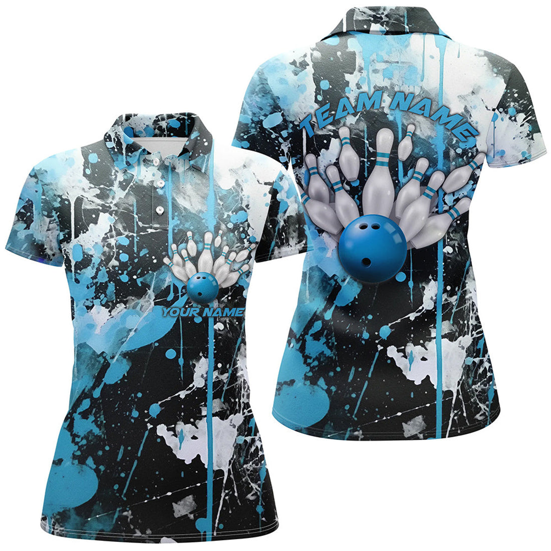 Custom Blue Camo Bowling Team Shirts Women Polo Personalized Bowling League Jerseys Strike Bowling