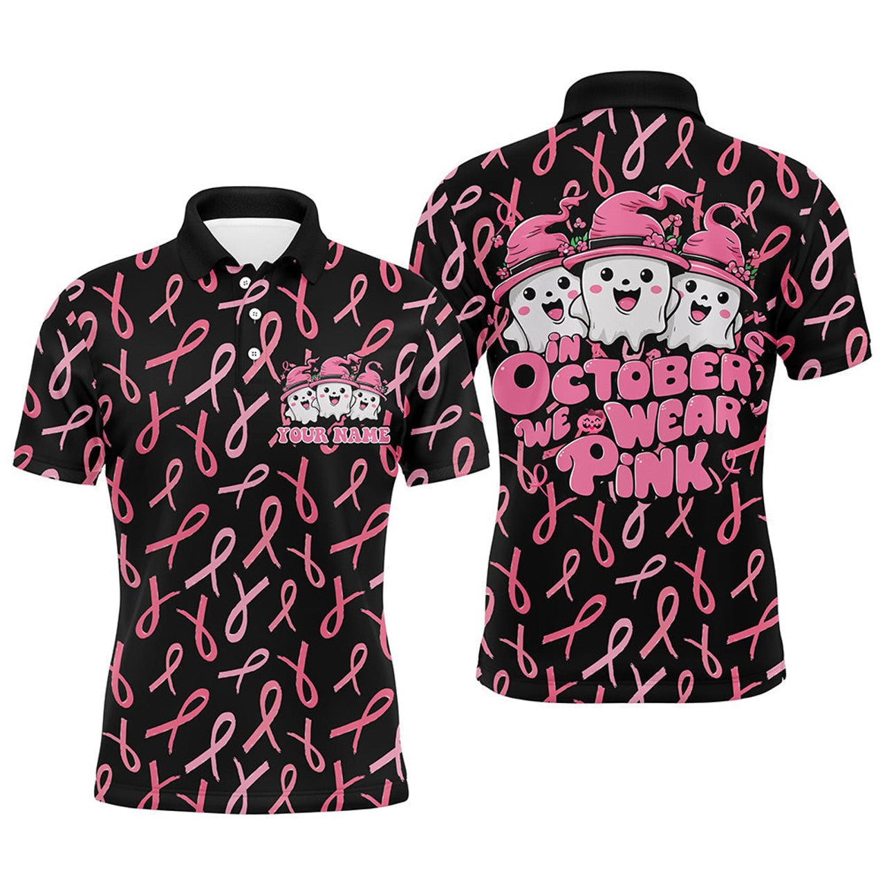 FUNSTUFFPRINT Custom Cute Funny Halloween Cancer Awareness Polo Shirts For Men, In October We Wear Pink Polo Shirt Size S-5XL