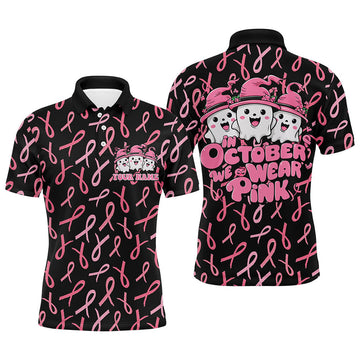 FUNSTUFFPRINT Custom Cute Funny Halloween Cancer Awareness Polo Shirts For Men, In October We Wear Pink Polo Shirt Size S-5XL