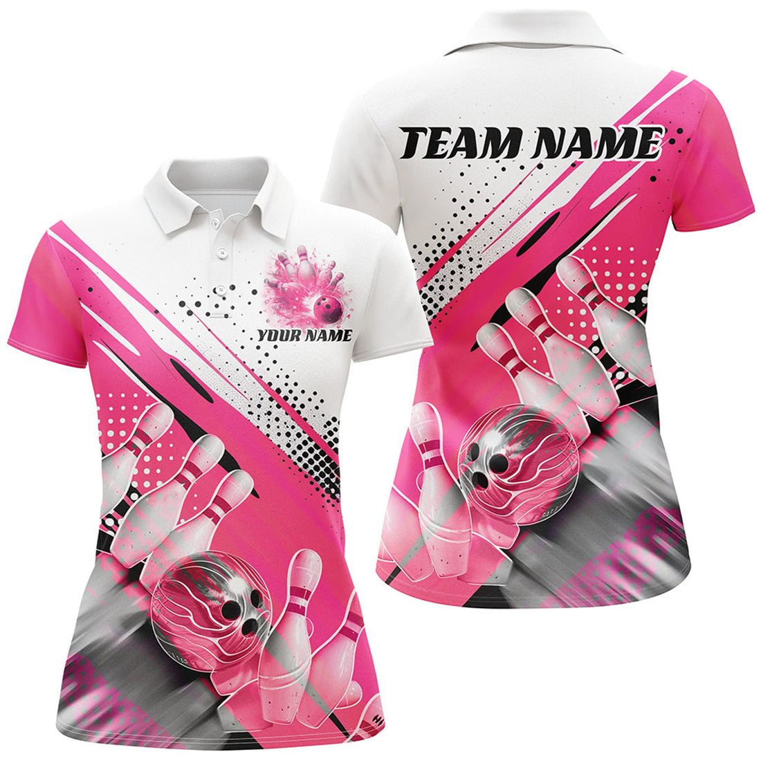 Custom Pink Bowling Polo Shirts For Women, Bowling Team Shirts Bowling Jerseys With Name