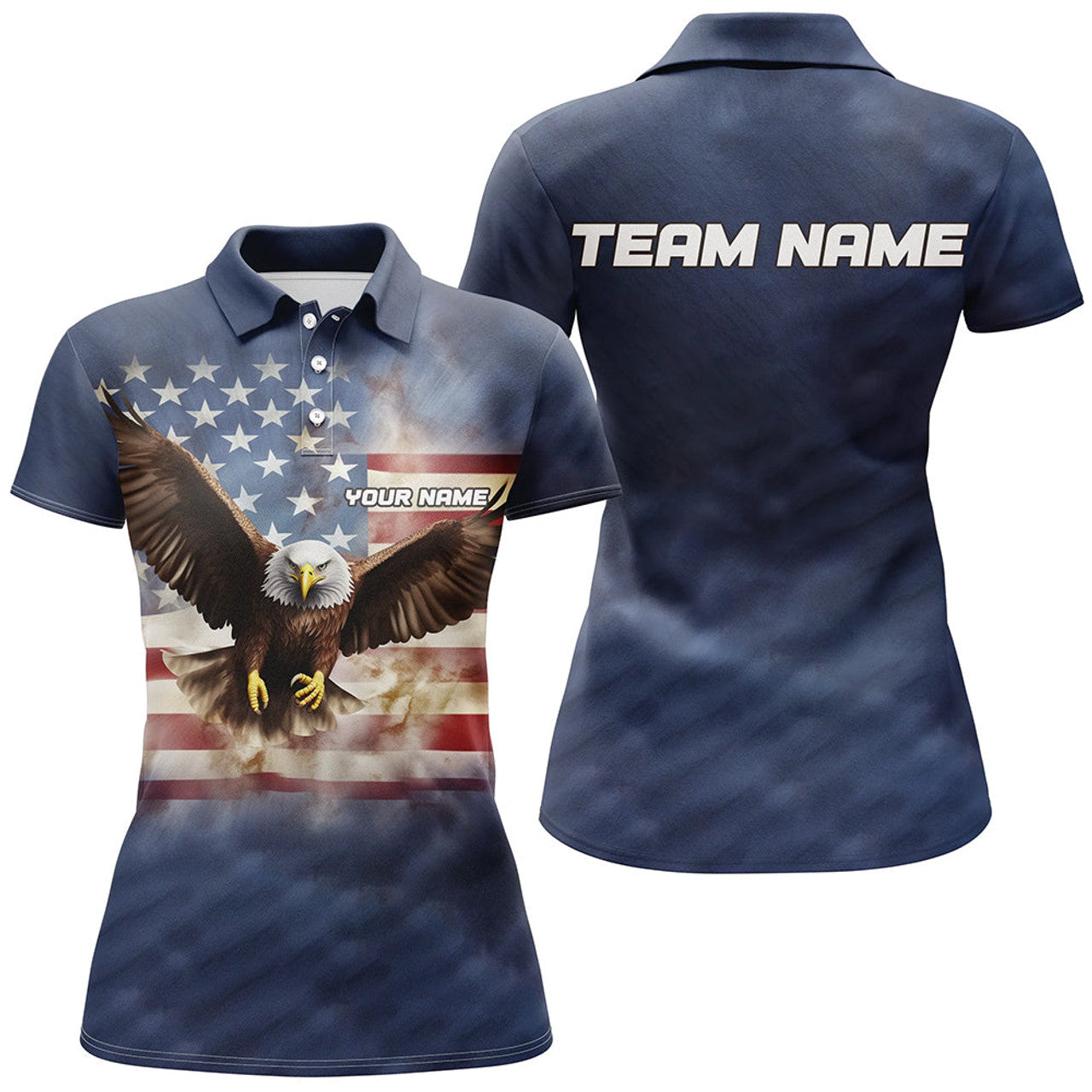 Custom Eagle American Flag Custom Womens Bowling Polo Shirts, Patriotic Bowling Team Jerseys
