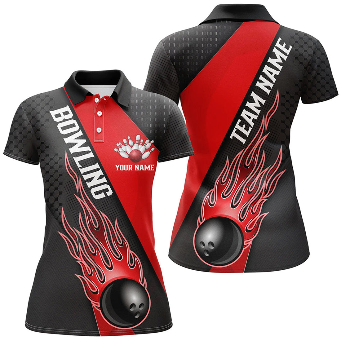Custom Red Flame Bowling Ball Custom Bowling Shirts For Women, Bowling Team Jerseys