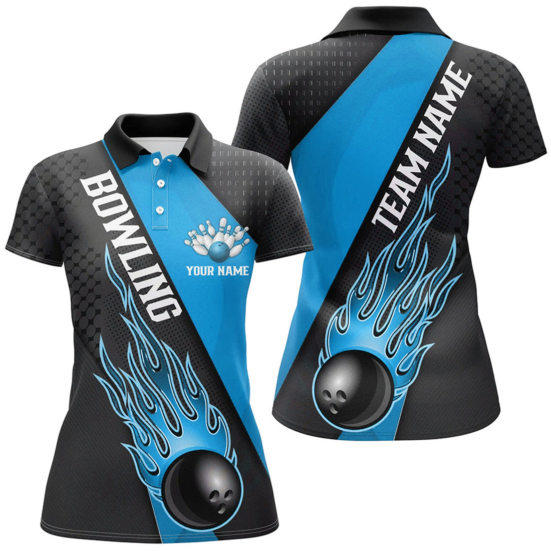 Custom Blue Flame Bowling Ball Custom Bowling Shirts For Women, Bowling Team Jerseys