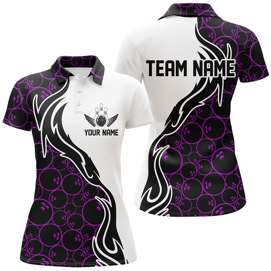 Custom Purple Bowling Pattern Custom Women Bowling Polo Shirts Flame Bowling Team Jerseys Tournament