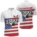 Custom Bowling And Pins American Flag Patriotic League Customized Name, Team Name 3D Zipper Polo Shirt For Men
