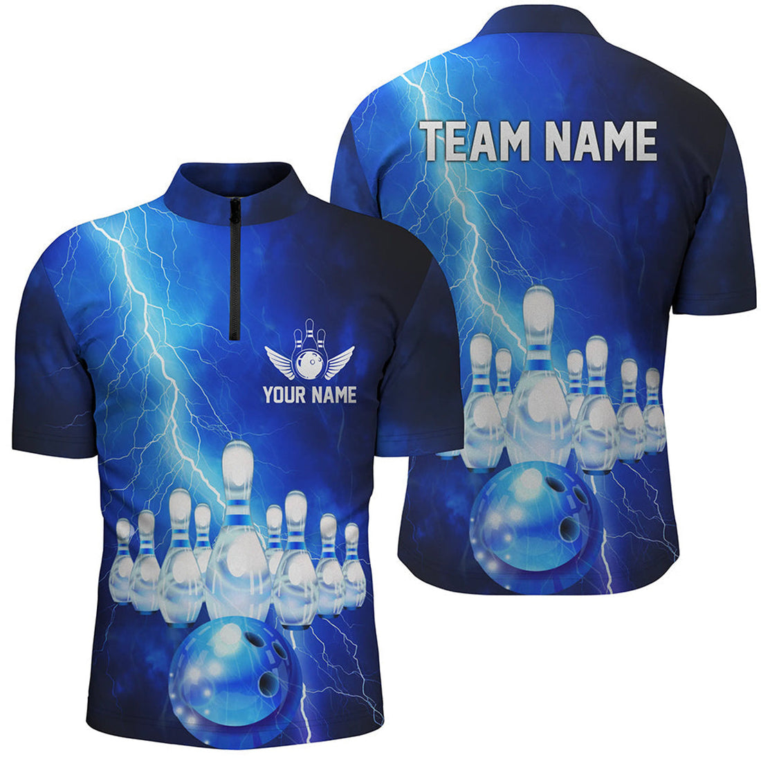 Custom Blue Thunder Lightning Bowling Quarter Zip Shirts For Men Bowling Jerseys Team Shirts